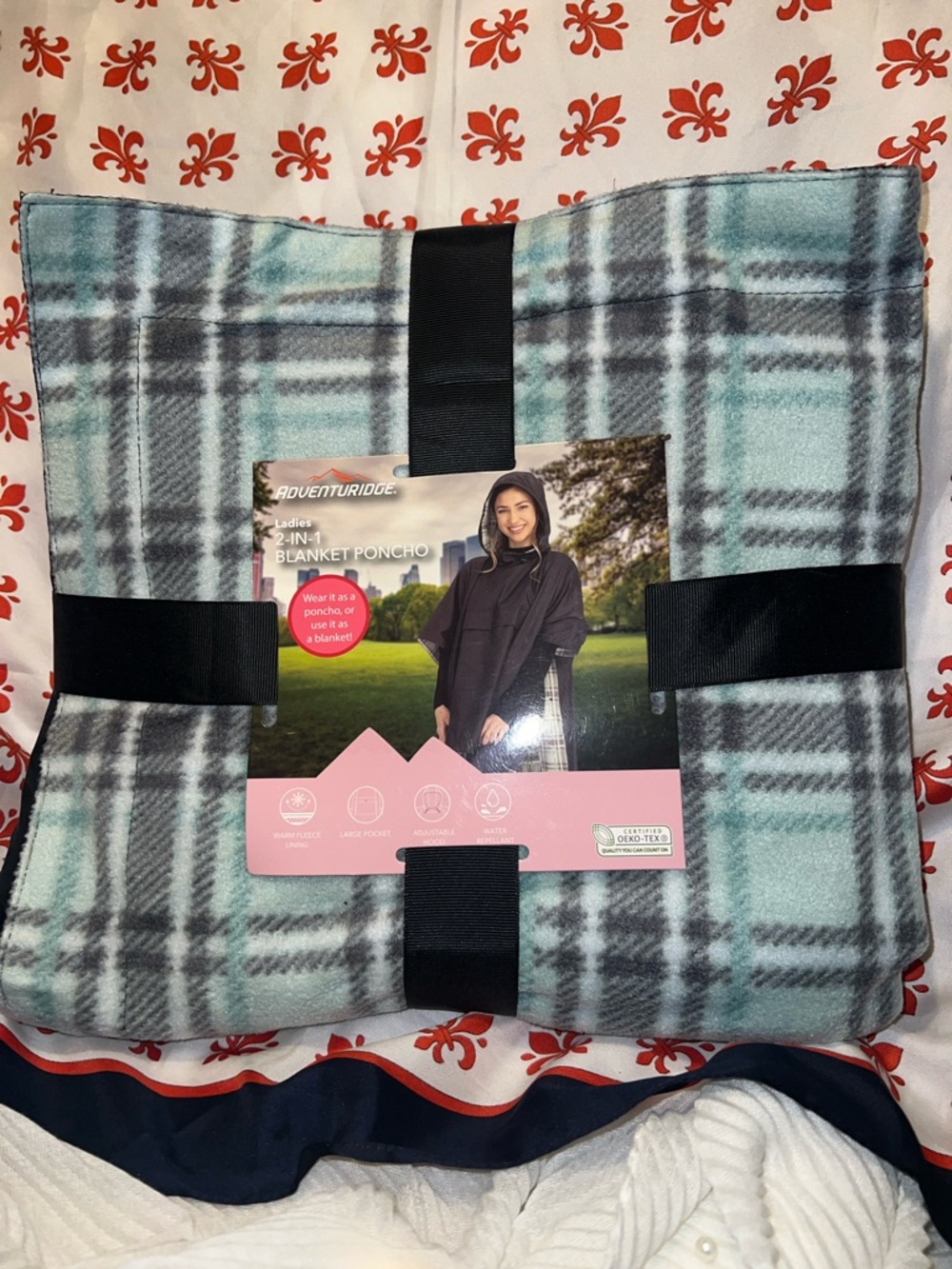 Ladies 2-in-1 Blanket Poncho - Light Blue Plaid